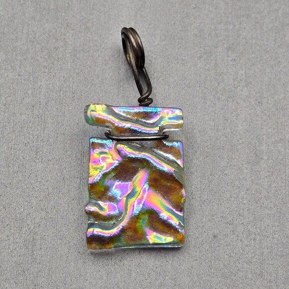 Handmade Dichroic Glass Pendant 1.25x.625" Iridescent Wavy Design Wire Wrapped - Picture 1 of 7
